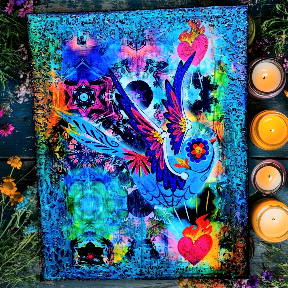 Sparrow Sugar Skull Sacred Heart 16x20 Large Colorful Art Canvas Handmade Decor